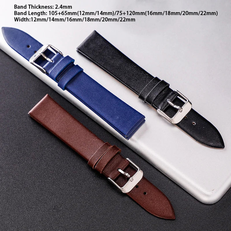 Stylish Leather Watch Strap 12-22mm with Stainless Steel Buckle