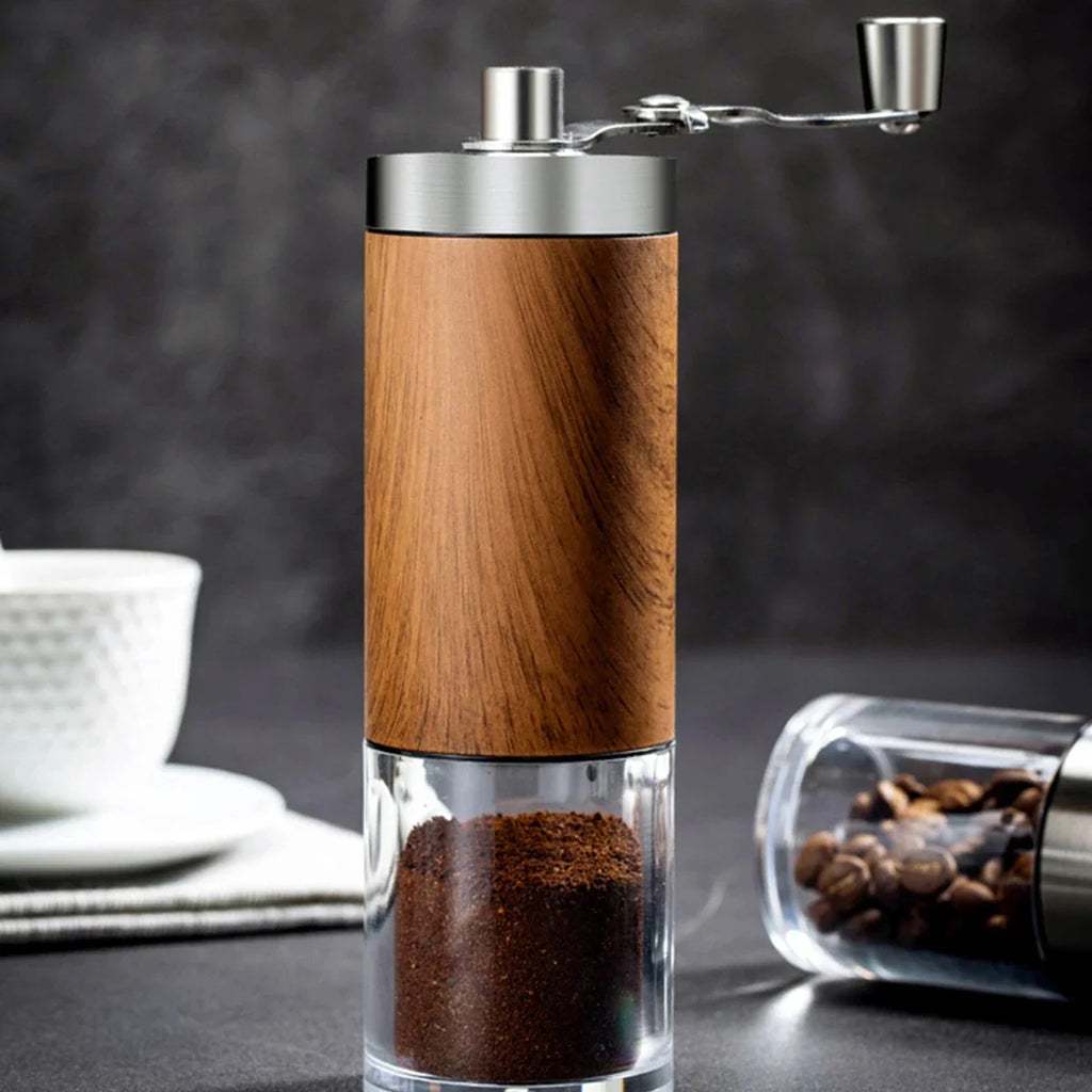 Portable Stainless Steel Manual Coffee Grinder with Wood Grain Design