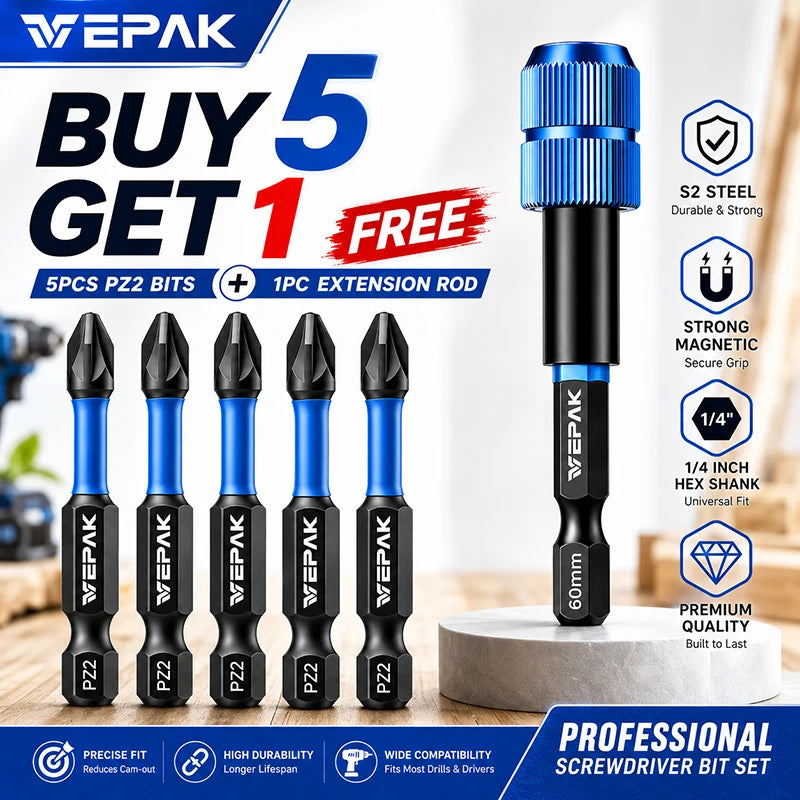 VEPAK 5PCS PZ2 Screwdriver Bits & 60mm Magnetic Extension Rod Set