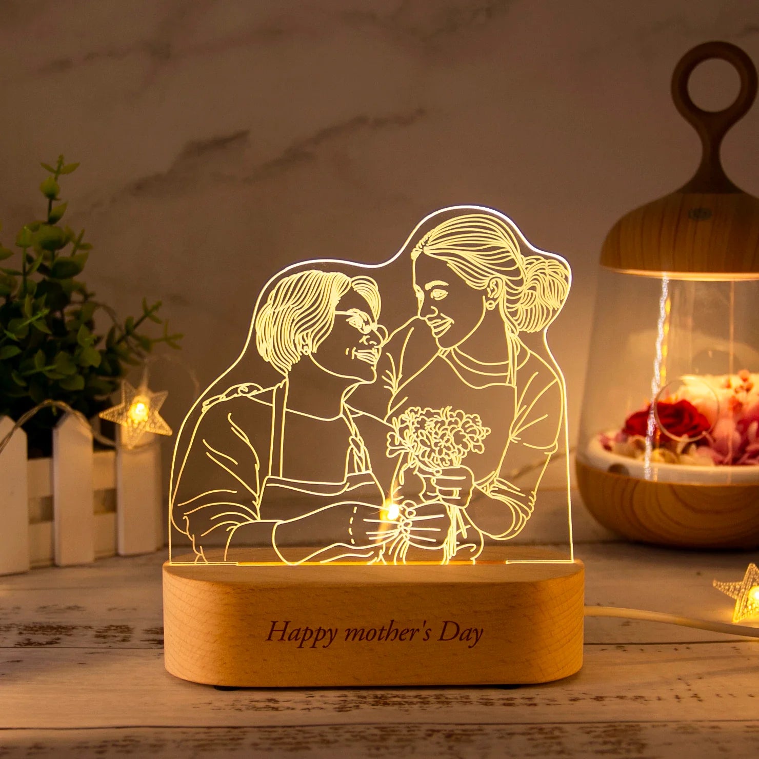 Customizable 3D Photo Lamp with Elegant Wooden Base - Personalized Gift