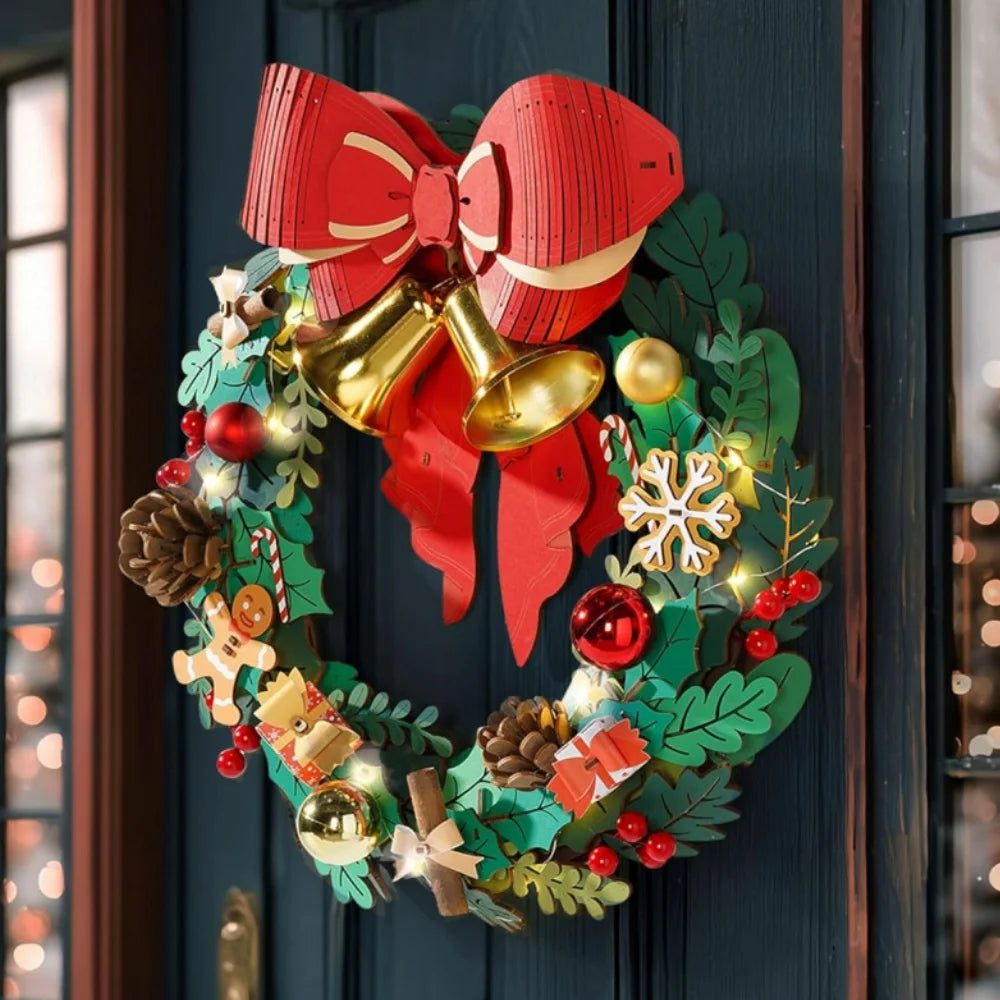 DIY 16-Inch Wooden Christmas Wreath with LED Lights & Red Bow
