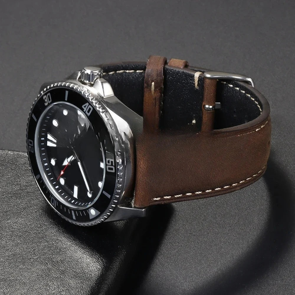 Genuine Leather Watch Band with Butterfly Buckle - 18/20/22mm Options