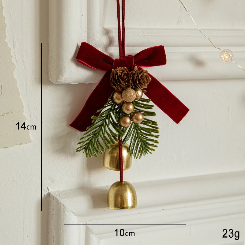 Festive Christmas Jingle Bells Door Hanger with Velvet Bow & Pine Cones