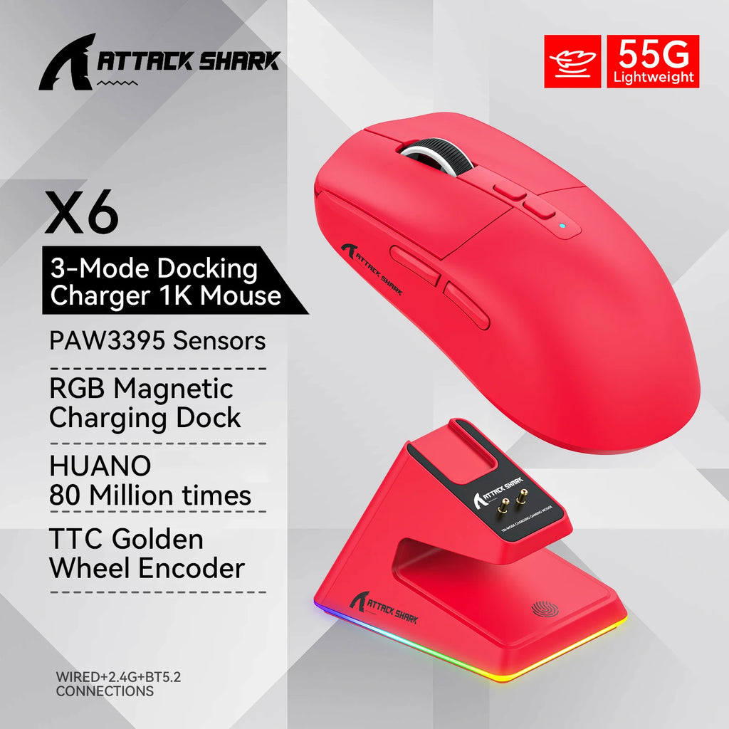 Attack Shark X6 RGB Wireless Gaming Mouse - 26000 DPI, Tri-Mode Connectivity