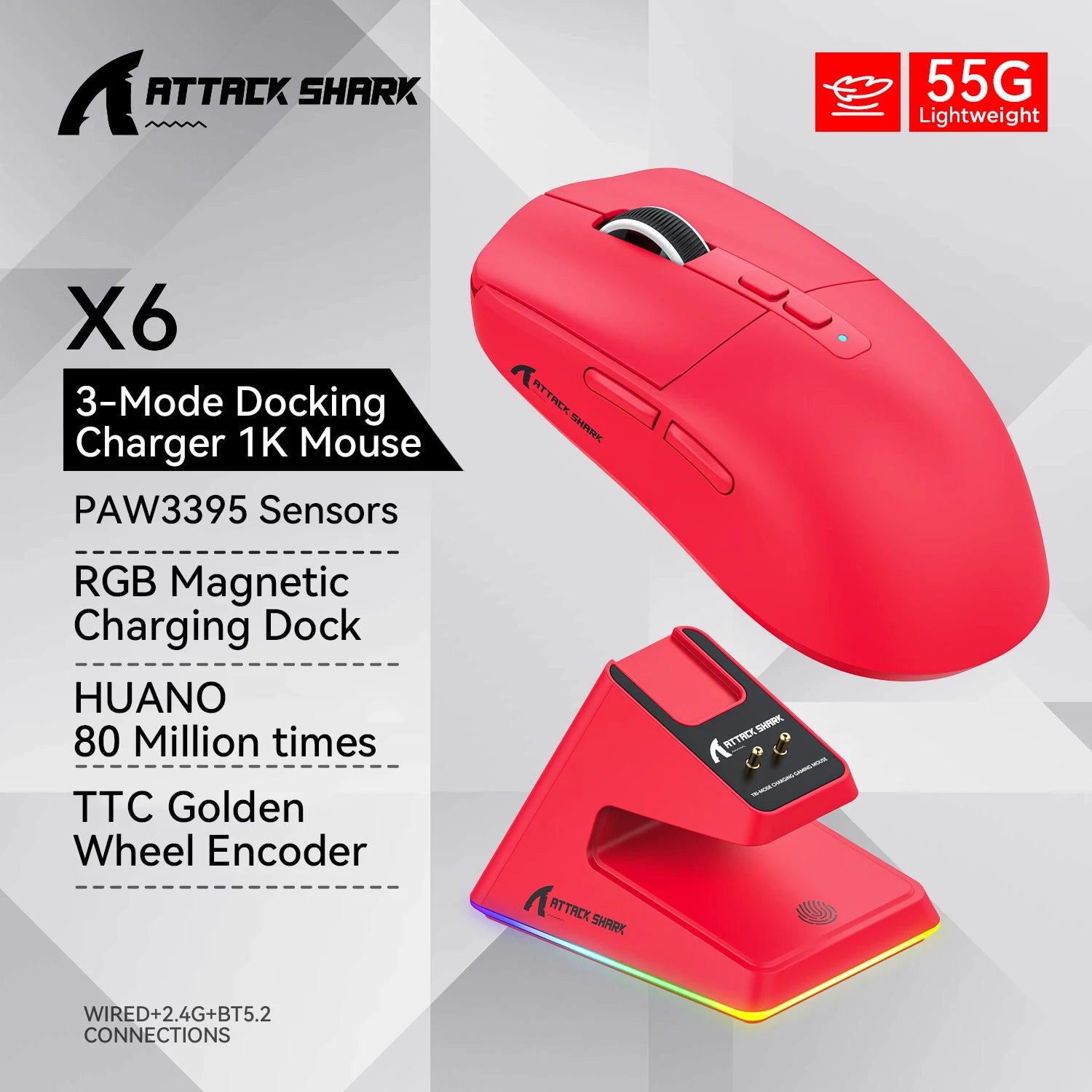 Attack Shark X6 RGB Wireless Gaming Mouse - 26000 DPI, Tri-Mode Connectivity