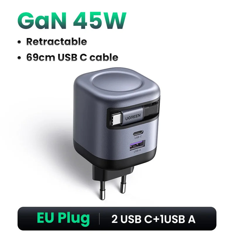 UGREEN 45W GaN Fast Charger with Retractable Cable - Quick & Compact