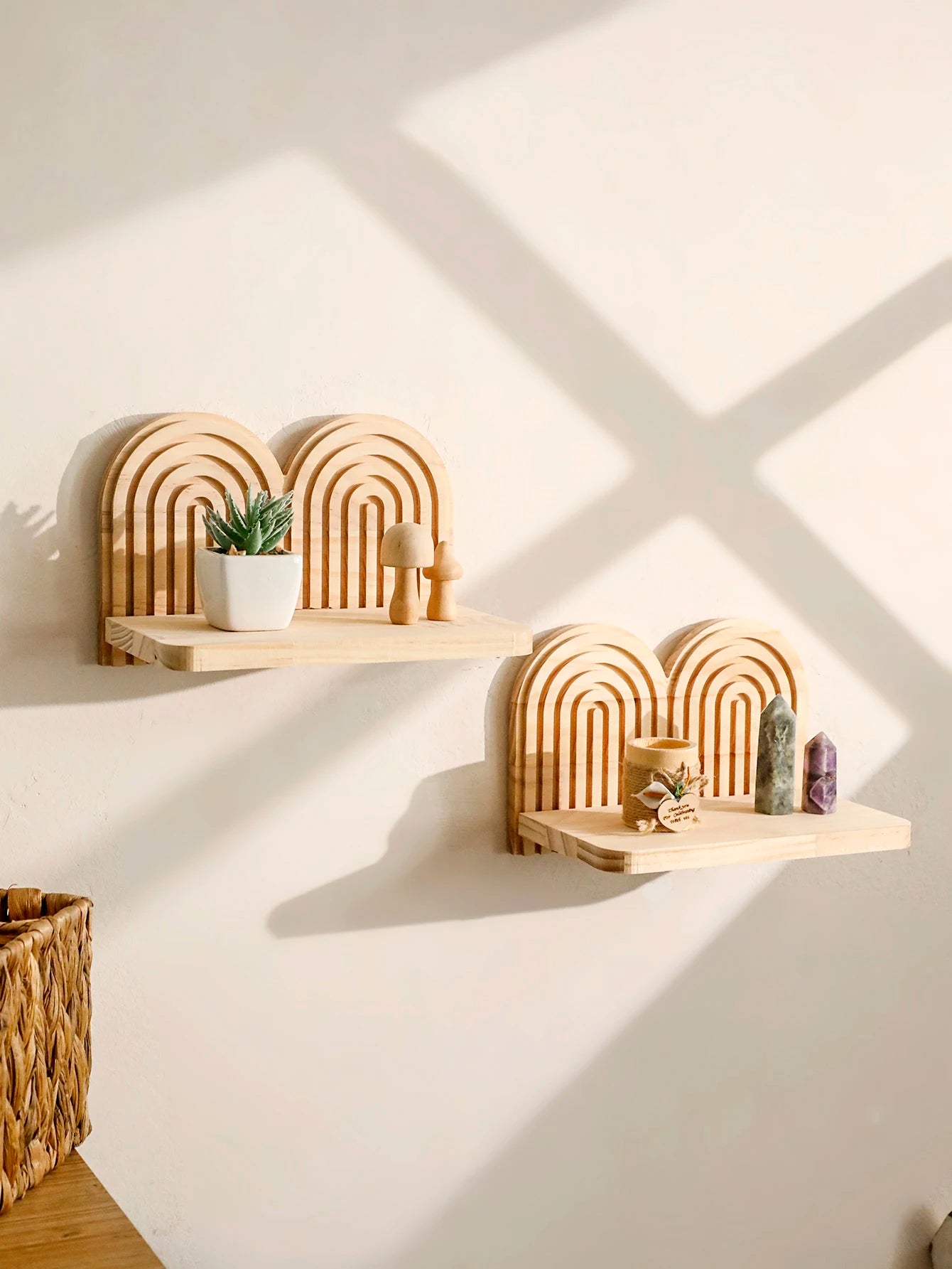 Boho Rainbow Arched Floating Wall Shelves - Rustic Wooden Decor