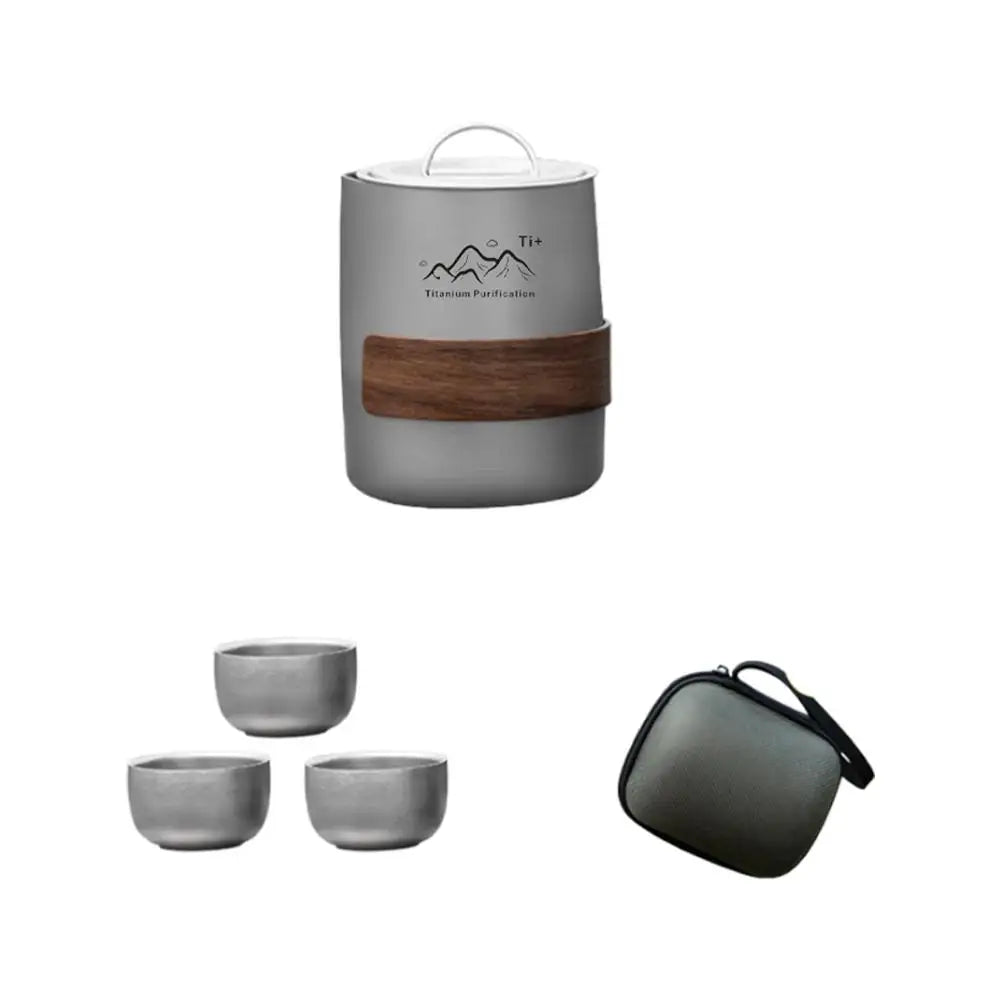 Lightweight Titanium Camping Tea Set with 3 Cups & Storage Bag