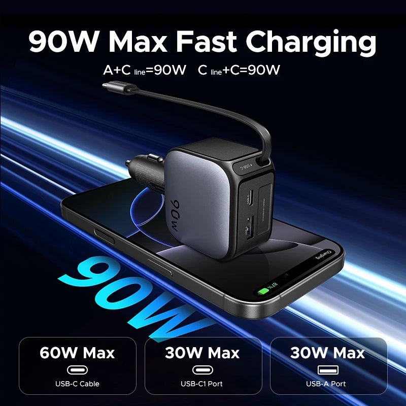 UGREEN 60W USB-C Car Charger & Retractable Fast Charging Cable