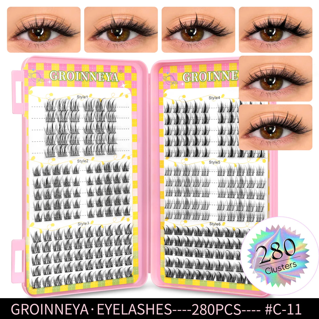 GROINNEYA Natural Cluster Lashes - 320 Pcs Volume Mixed Tray