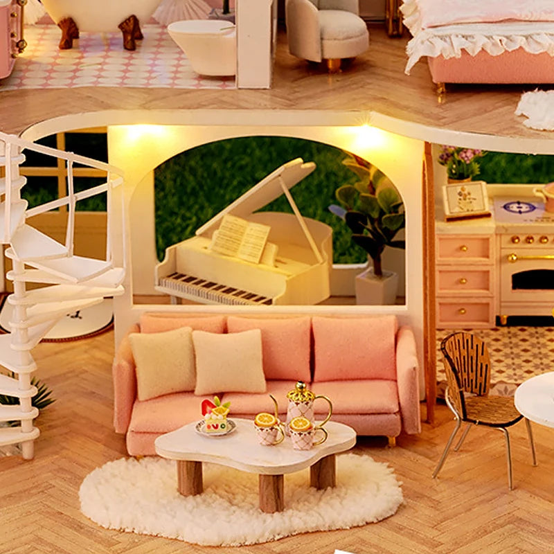 3D Wooden Mini Dollhouse Kit - DIY Duplex Apartment with Furniture