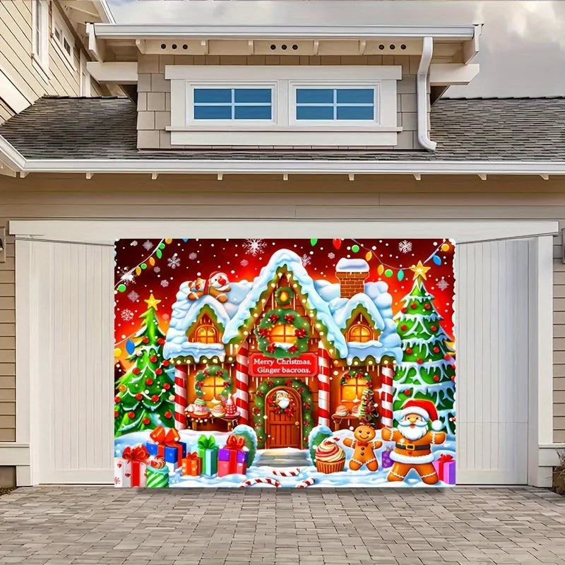 Festive Christmas Background with Holiday Decor & Whimsical Cottage