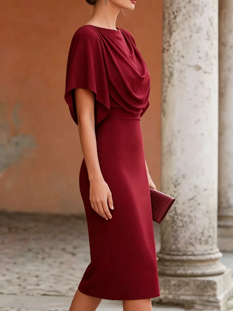 Elegant Women's Midi Dress with Cowl Neck & Draped Cape - Perfect for Parties