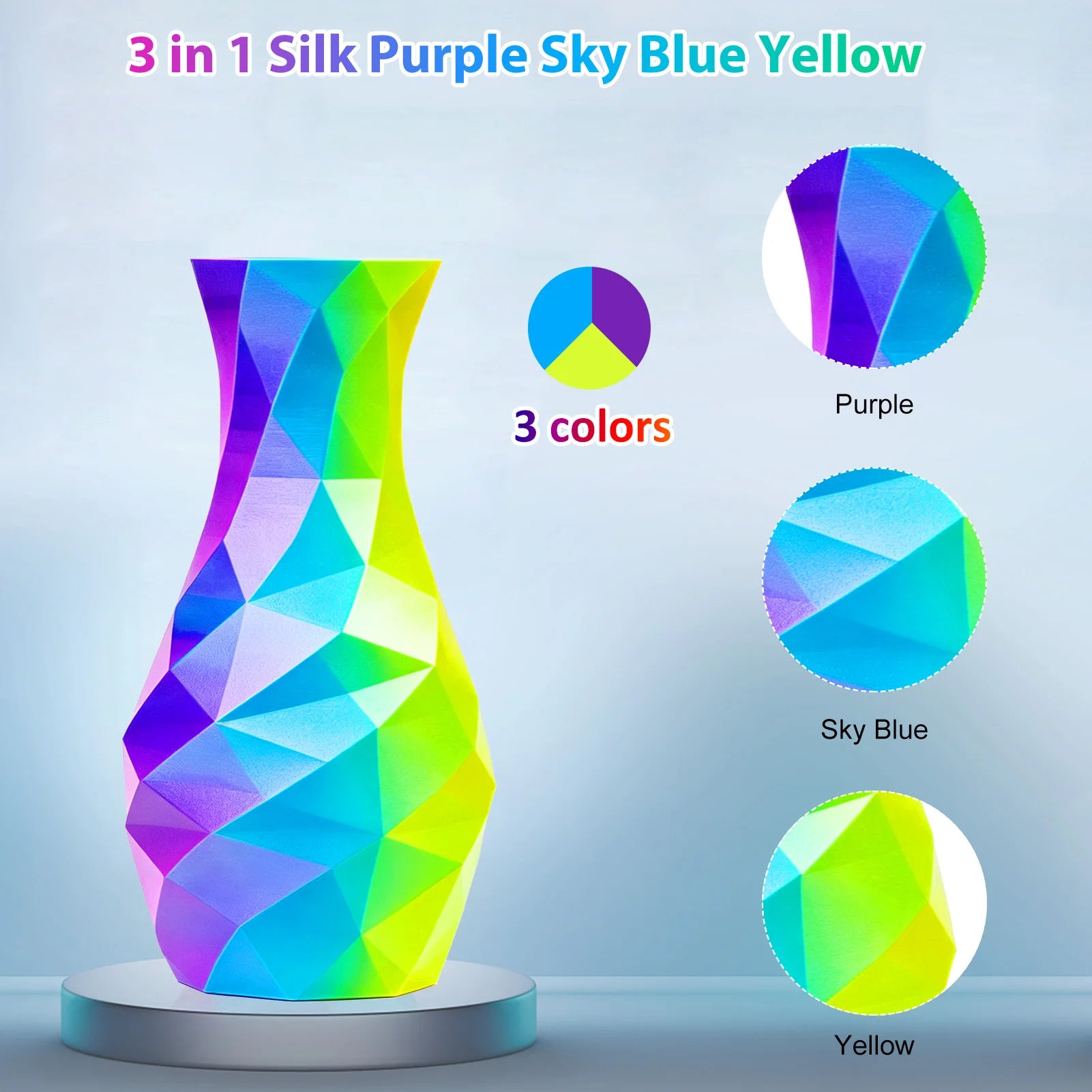 Tricolor Silk PLA 3D Printer Filament - 1.75mm Multicolor 250g