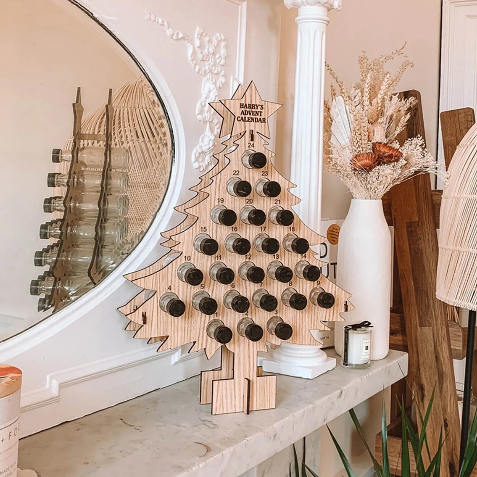 Wooden Christmas Tree Wine Bottle Holder Advent Calendar - Festive Decor