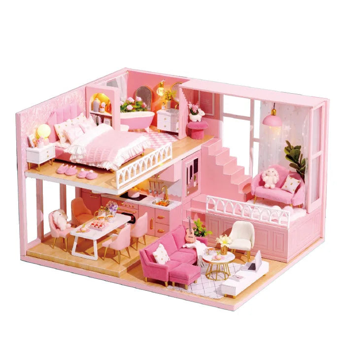 3D Wooden Mini Dollhouse Kit - DIY Duplex Apartment with Furniture