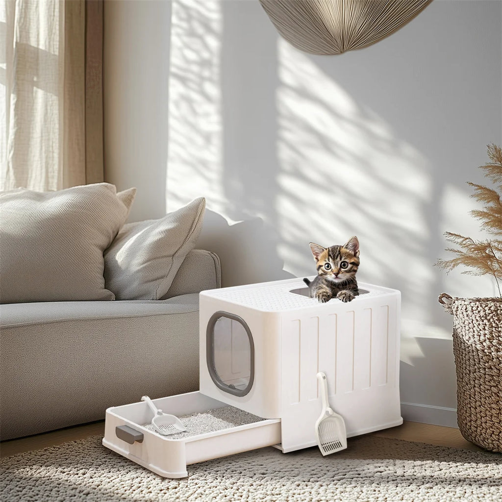 Minimalist Cat Litter Box with Drawer & Scoop - Stylish Enclosed Design