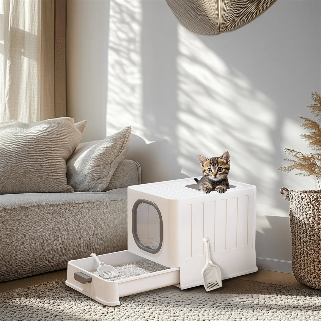 Minimalist Cat Litter Box with Drawer & Scoop - Stylish Enclosed Design