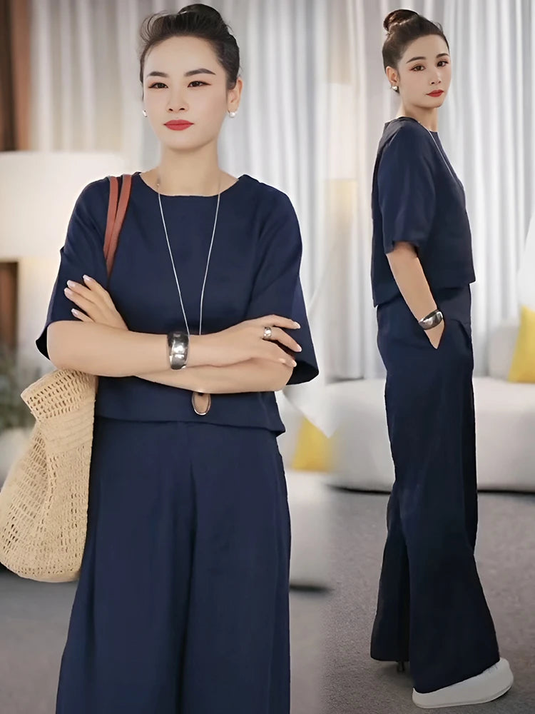 Chic Women's Linen Wide Leg Pants Set - Summer Casual Two Piece Suit