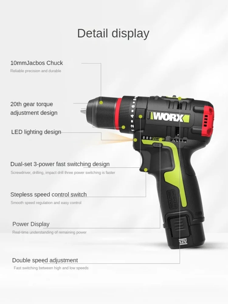 WORX WU131X Cordless Impact Drill - 40Nm Brushless Motor, 12V