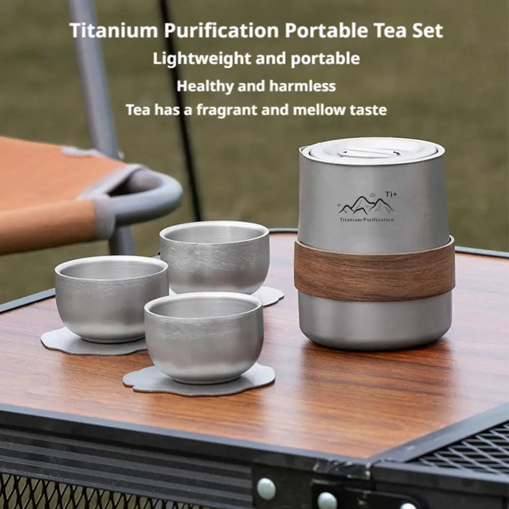 Lightweight Titanium Camping Tea Set with 3 Cups & Storage Bag