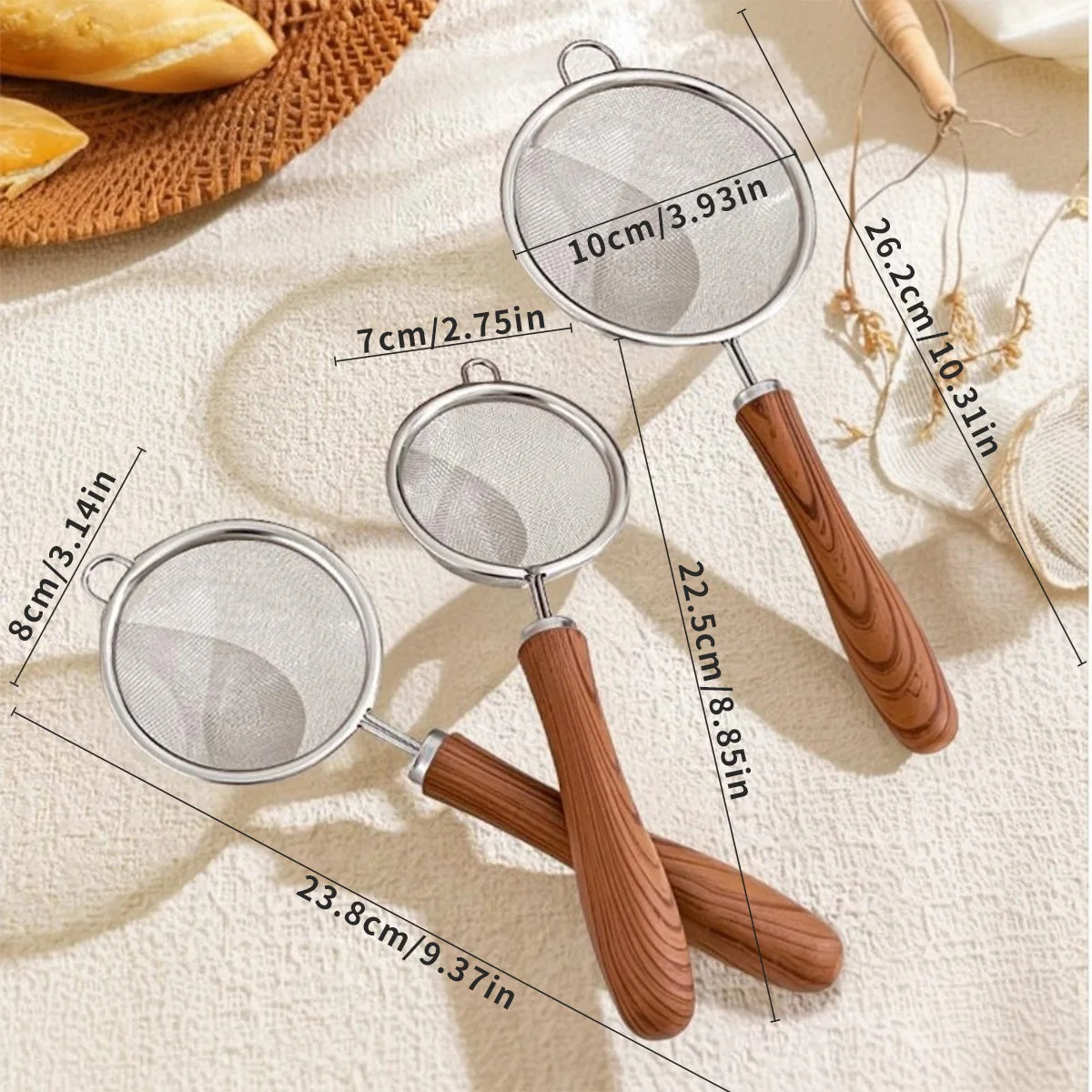 Stainless Steel Flour Sieve with Wooden Handle - Kitchen Strainer