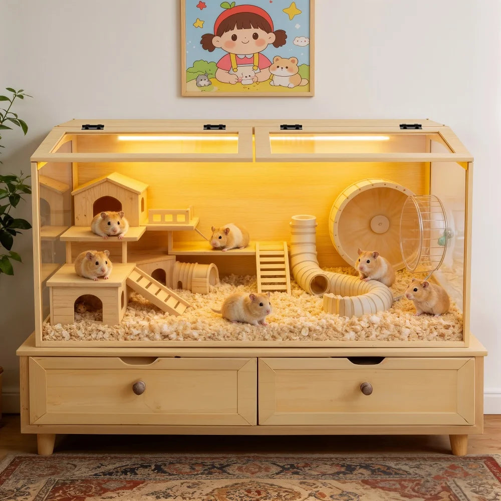 Large Wooden Hamster Cage with LED Light - Safe & Chew-Proof Habitat