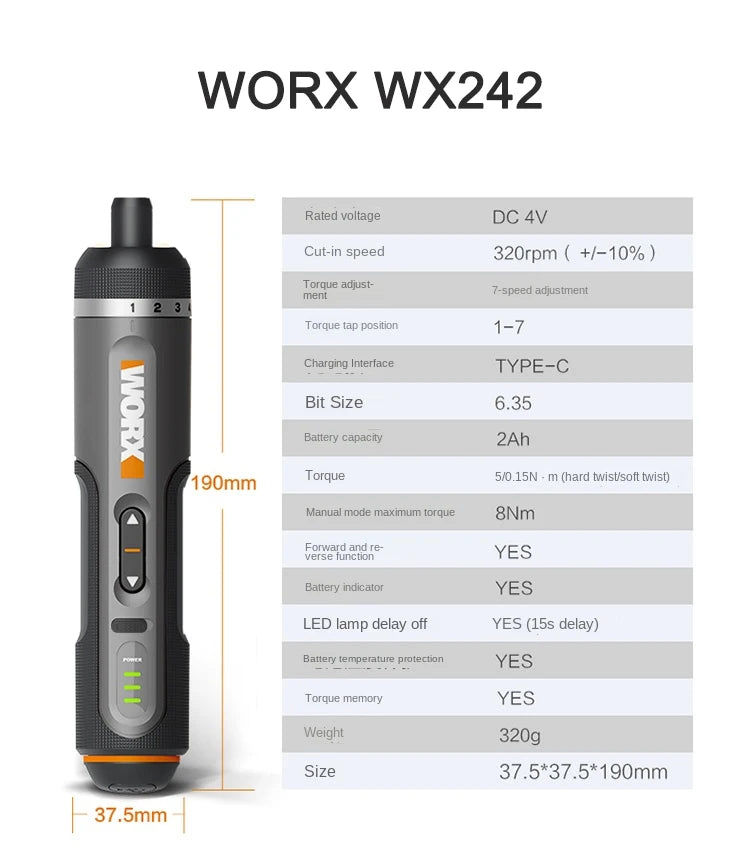 Worx 4V Mini Cordless Electric Screwdriver Set - Rechargeable, 30 Bits