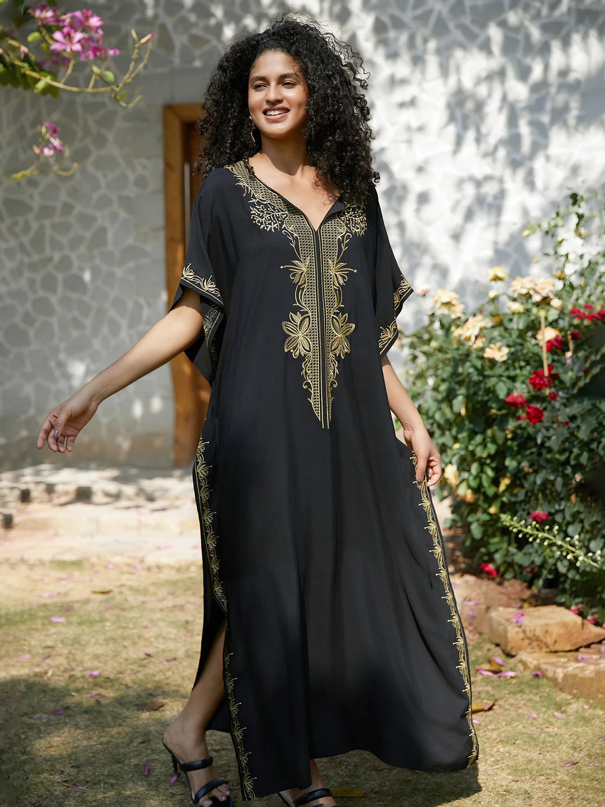 Stylish V Neck Swim Cover Up for Women - Embroidered Kaftan Dress