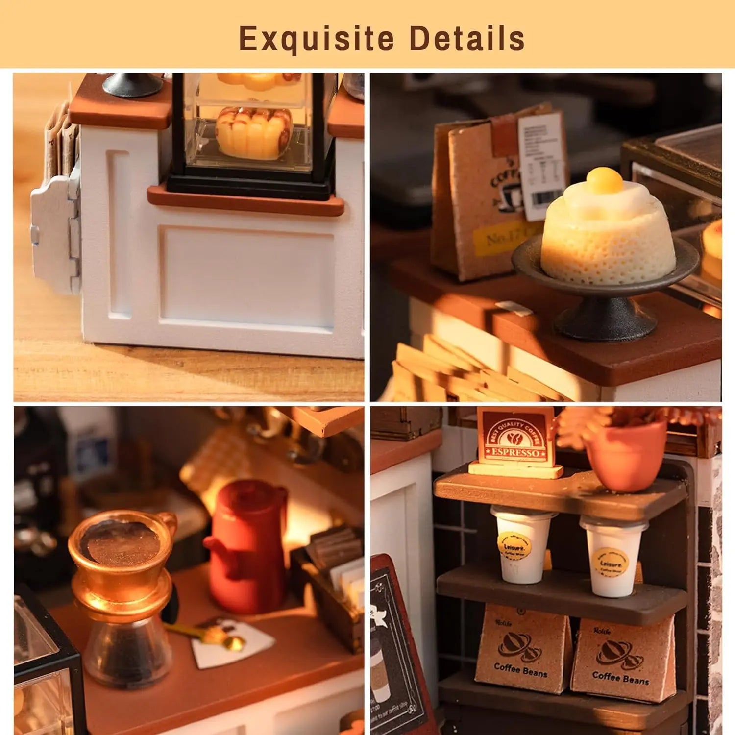 Robotime DIY Wooden Dollhouse Set - LED Coffee Model Kit for All Ages