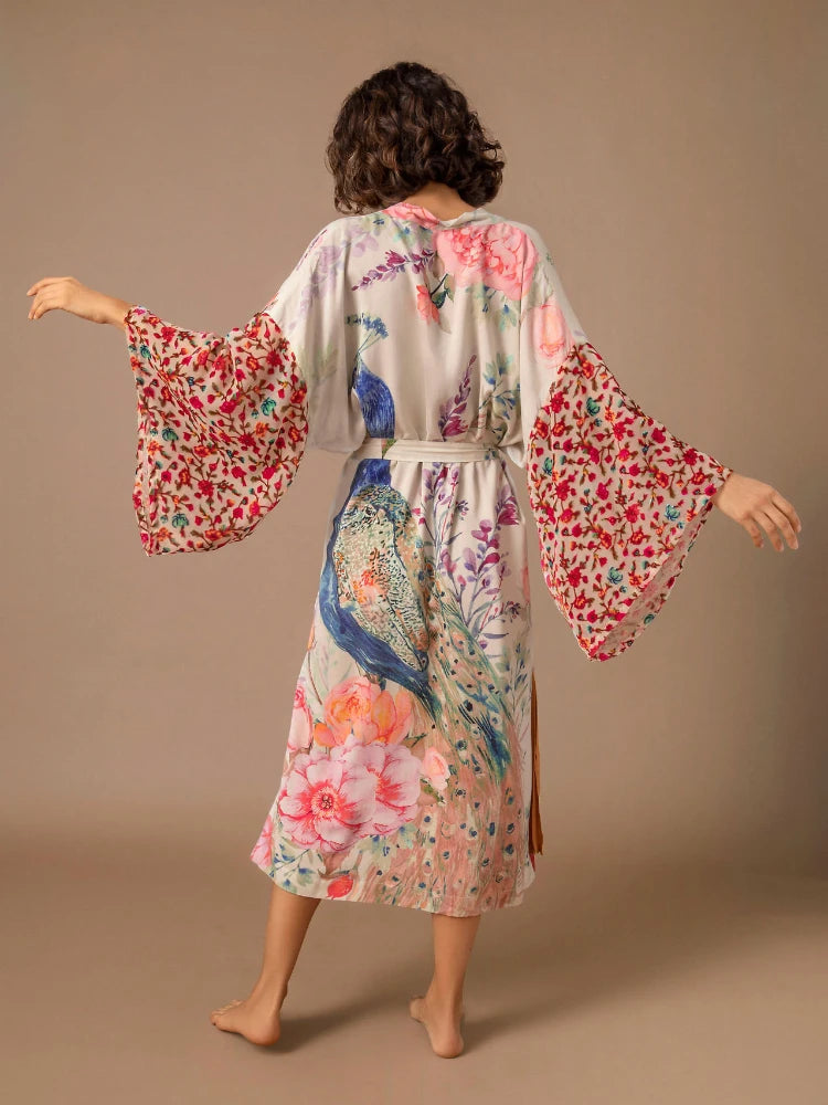 Stylish Peacock Printed Beach Kimono - Women's Swimsuit Cover Up