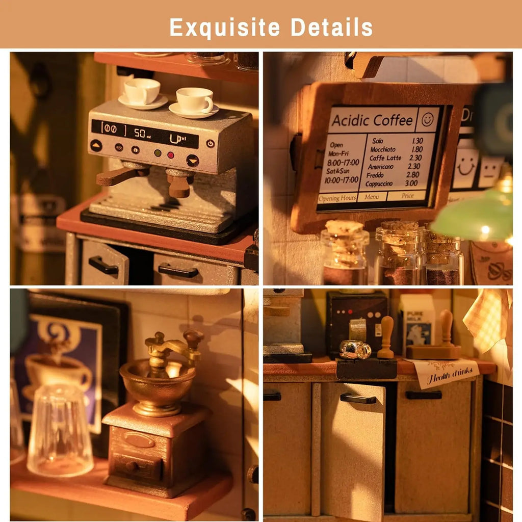 Robotime DIY Wooden Dollhouse Set - LED Coffee Model Kit for All Ages