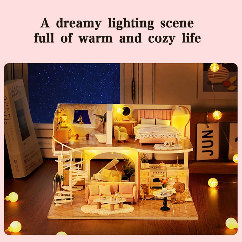 3D Wooden Mini Dollhouse Kit - DIY Duplex Apartment with Furniture