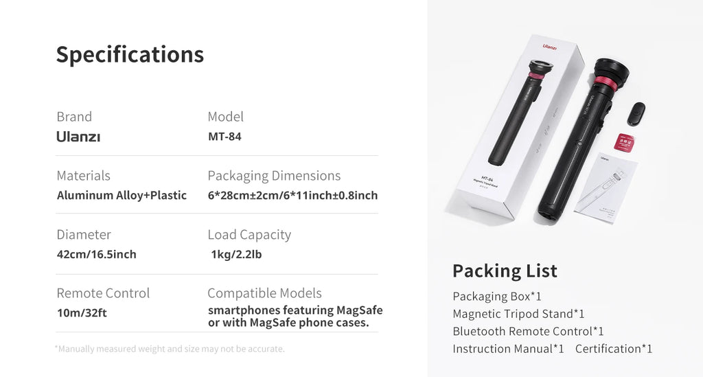 Ulanzi MT-84 Magnetic Selfie Stick Tripod with Bluetooth Remote