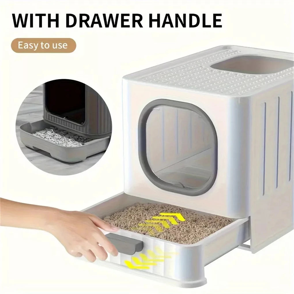 Leak-Proof Cat Litter Box with Pull Drawer & Scoop - Anti-Splash Design