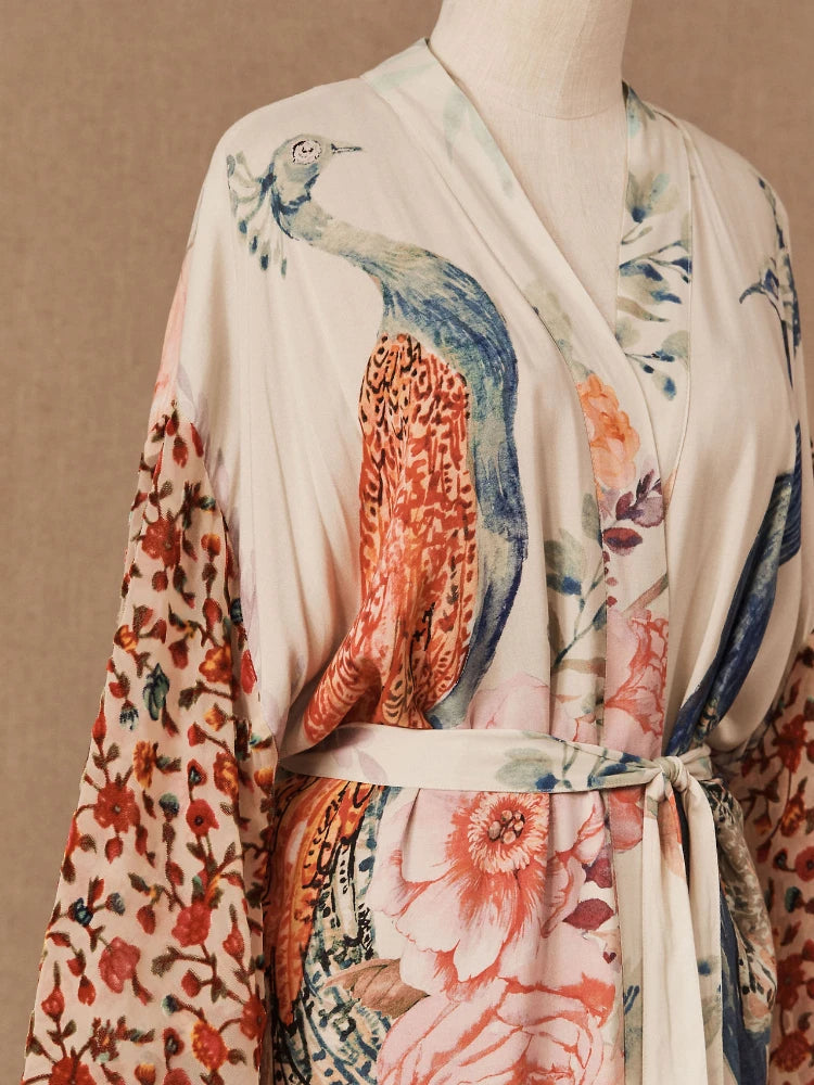 Stylish Peacock Printed Beach Kimono - Women's Swimsuit Cover Up