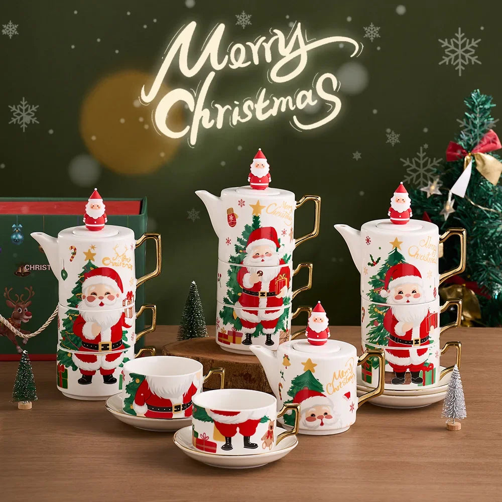 Elegant Christmas Ceramic Teapot Set with Gold Plated Accents