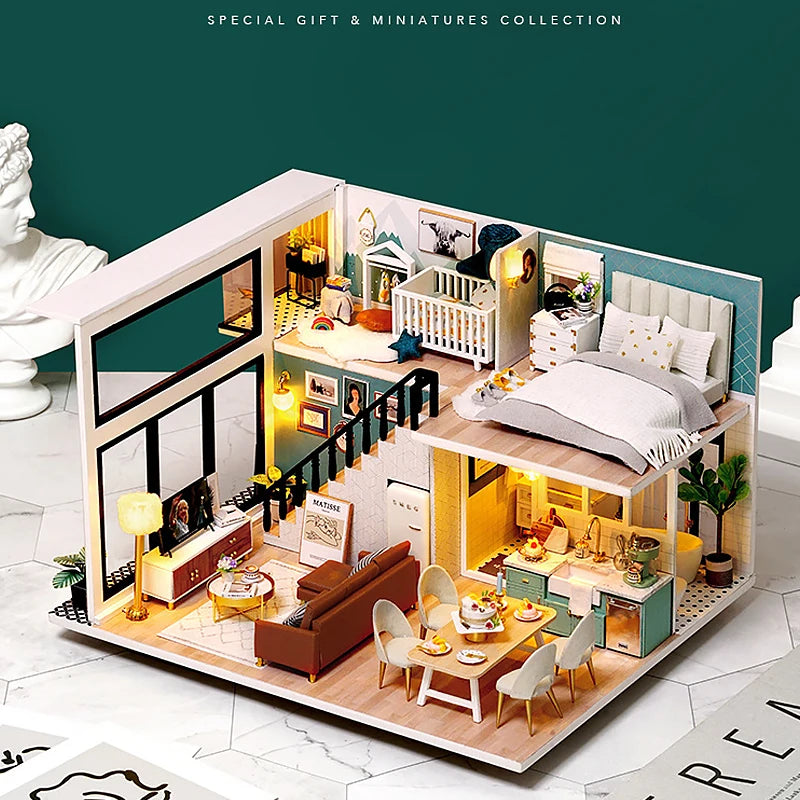 3D Wooden Mini Dollhouse Kit - DIY Duplex Apartment with Furniture