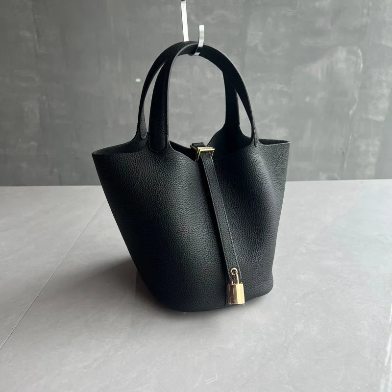 Elegant Premium Cowhide Leather Handheld Basket Bag for Women