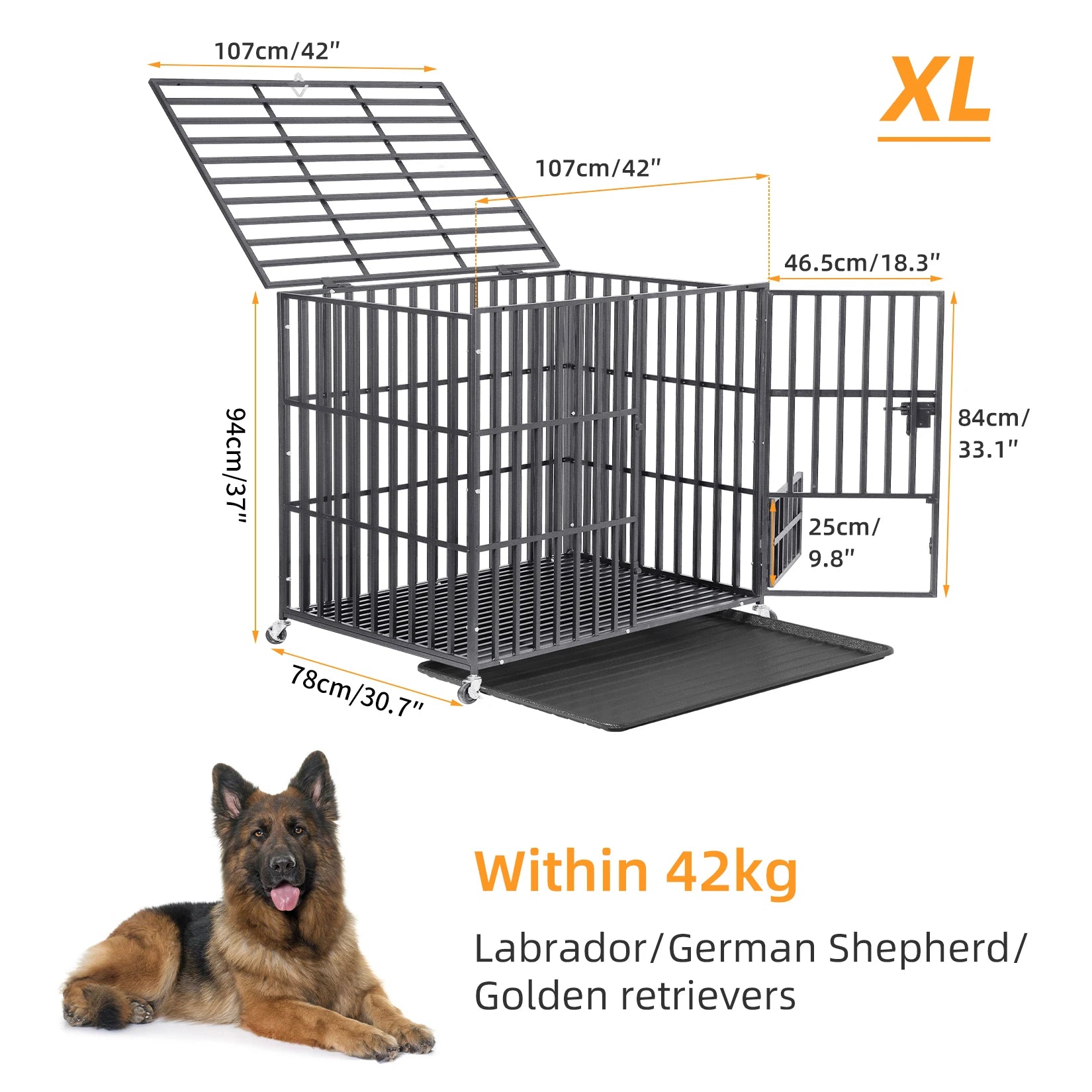 Heavy Duty Dog Crate with Lockable Wheels & Easy Clean Tray