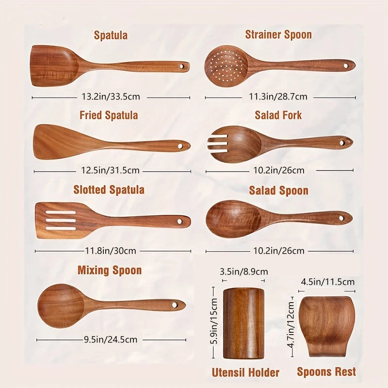 9-Piece Teak Wooden Cooking Spoon Set with Holder - Eco-Friendly Utensils