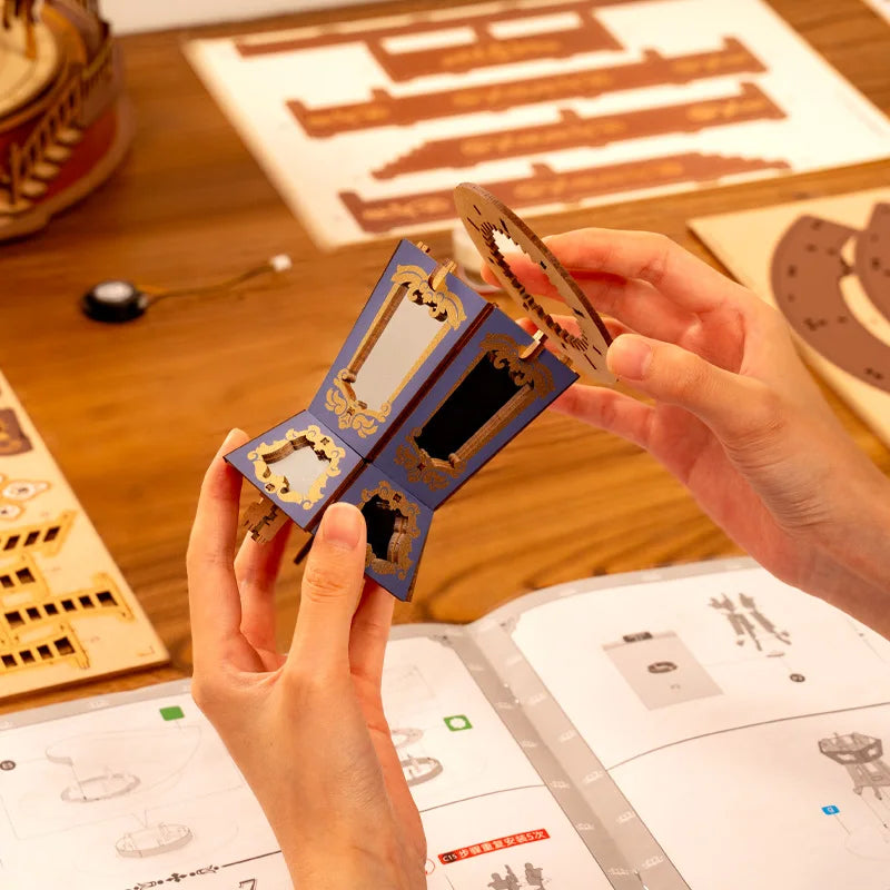 Robotime 3D Wooden Carousel Music Box with LED Lights - Fun Gift Idea