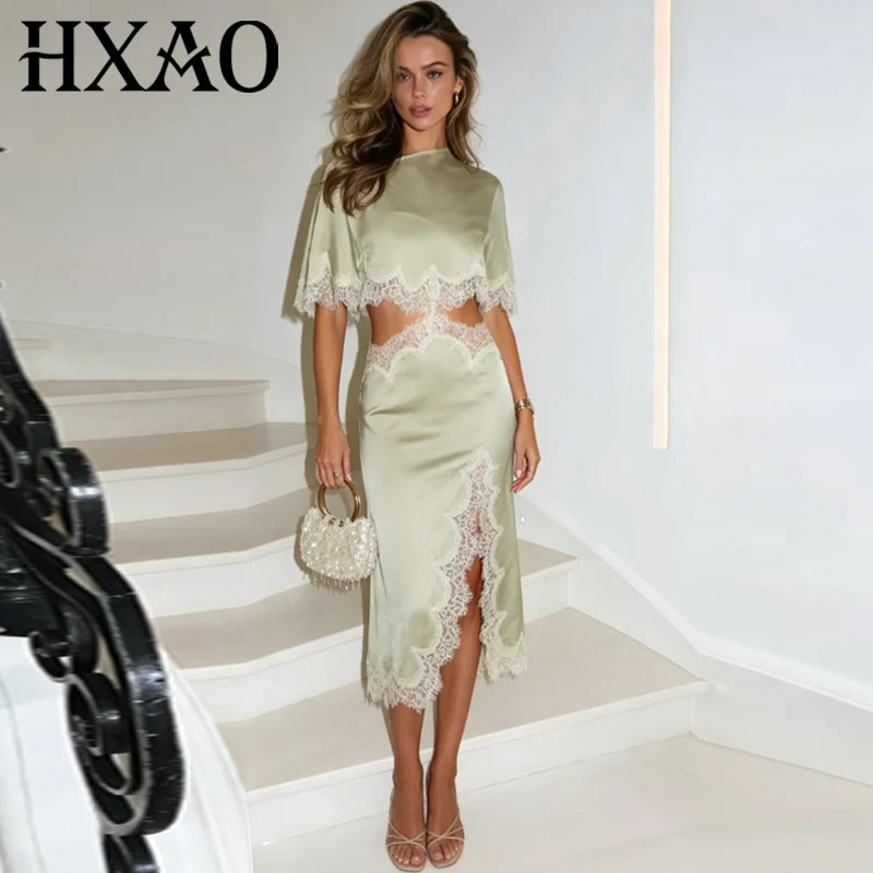 HXAO Women's Sexy Asymmetric Satin Lace Midi Dress - Summer 2026