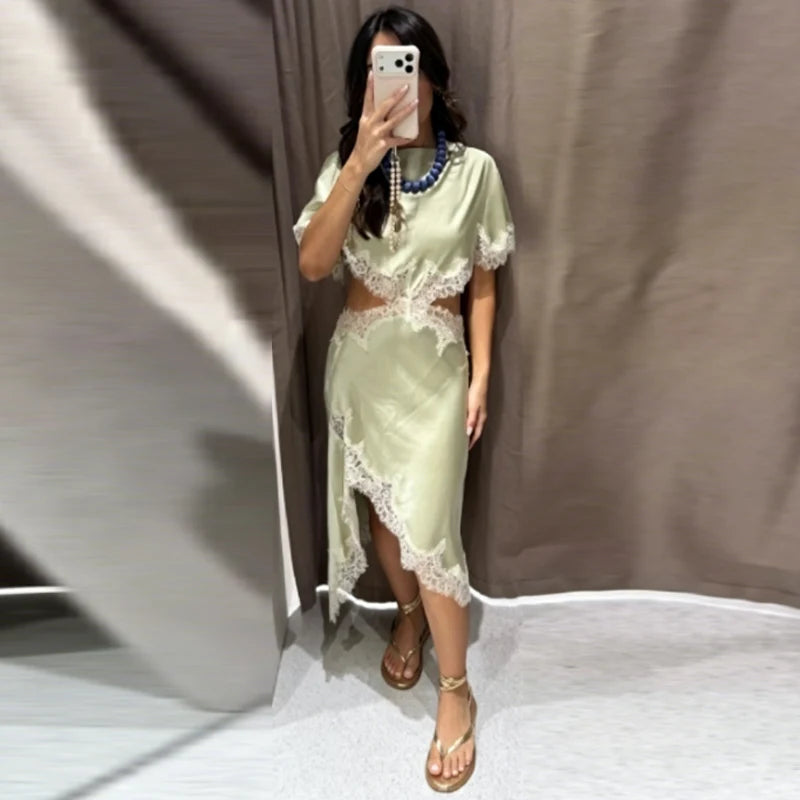 HXAO Women's Sexy Asymmetric Satin Lace Midi Dress - Summer 2026