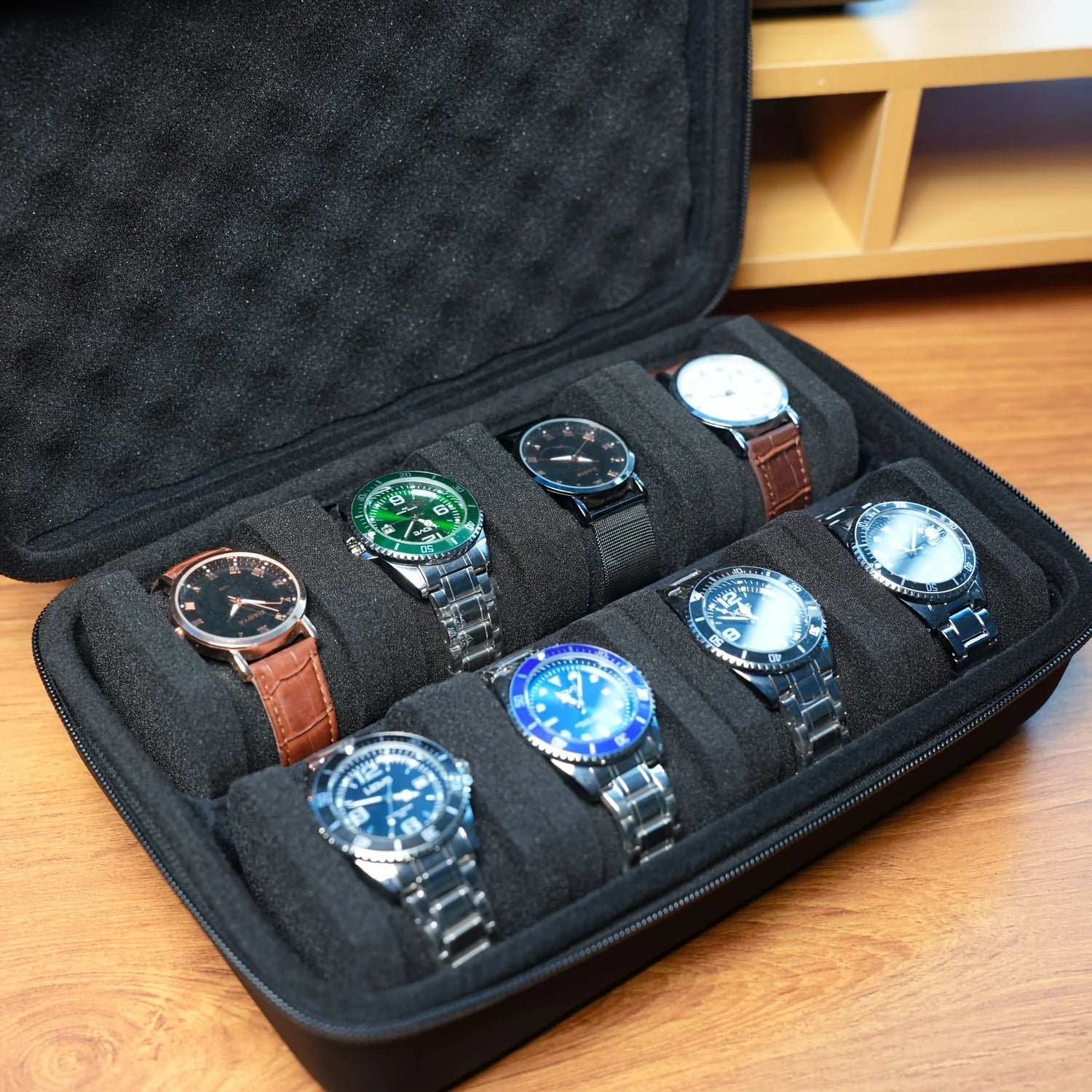 Elegant 8-Slot Watch Box - Premium Travel Case with Foam Padding