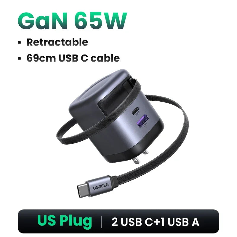UGREEN 100W GaN Fast Charger with Retractable Cable for All Devices