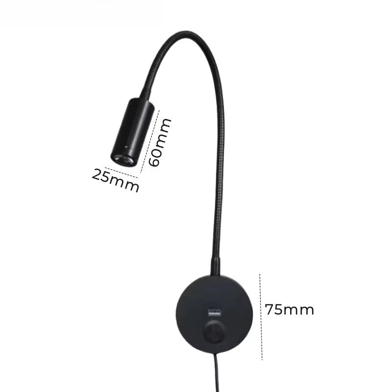 Dimmable LED Bedside Wall Lamp with USB Port - Flexible Gooseneck