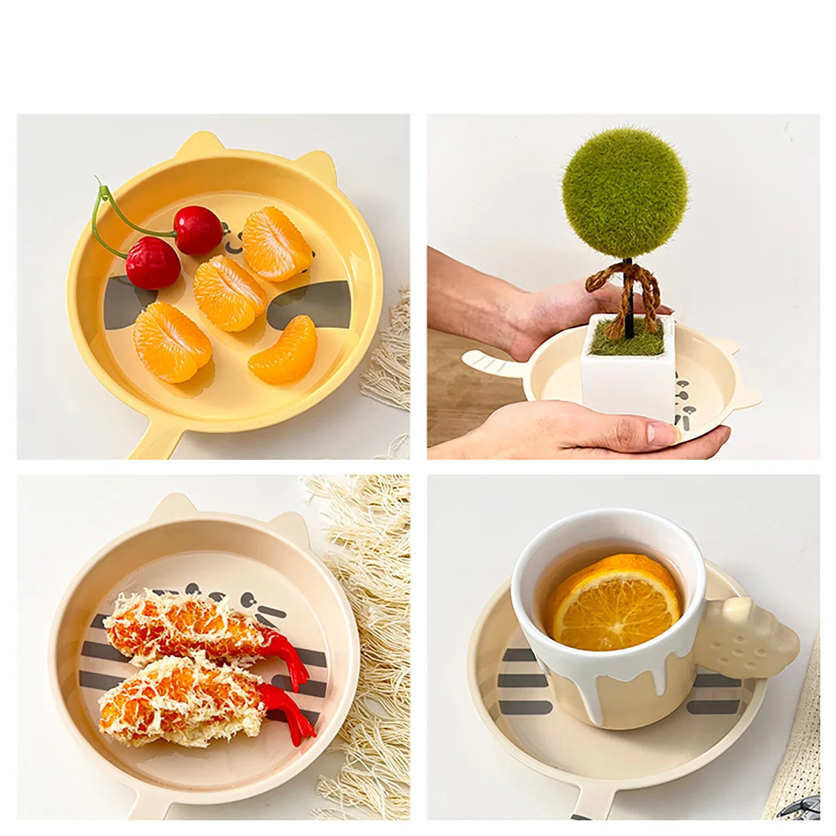 Cute Cat Shaped Reusable Plastic Plates - Fun Fruit Dessert Set