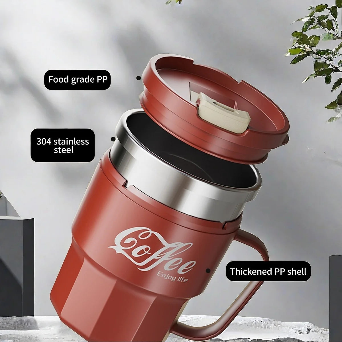 Double Wall Insulated Coffee Mug with Lid & Handle- 400ML/480ML