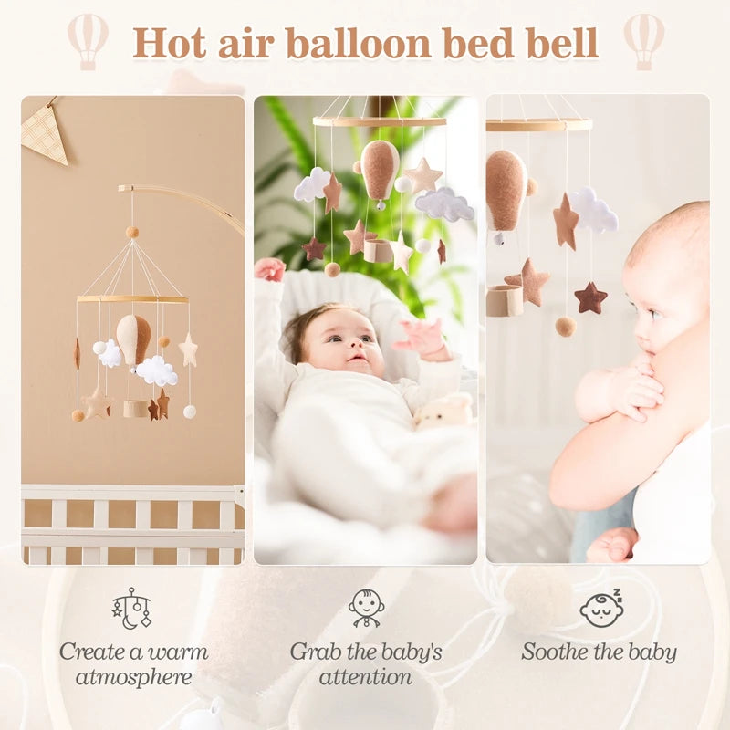 Colorful Wooden Hot Air Balloon Mobile Rattle | Baby Bed Bell Toy